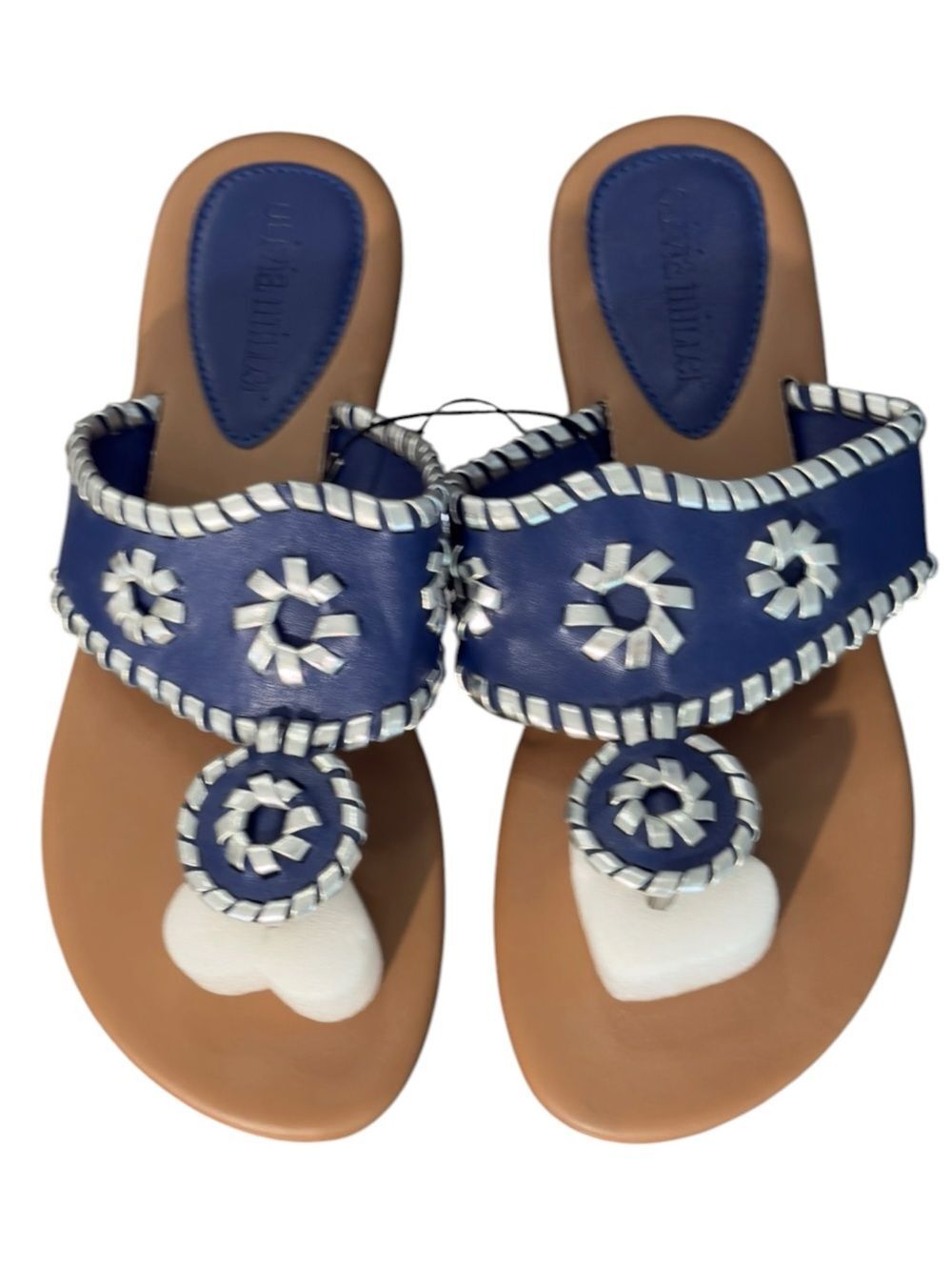 Olivia Miller Navy Blue Metallic Silver Whipstitch Emblem Medallion Sandals. NEW
